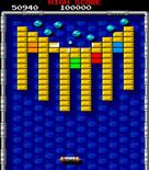 Arkanoid 2: Revenge of DOH for Arcade - The gold bricks can't be destroyed and form a challenging pattern.