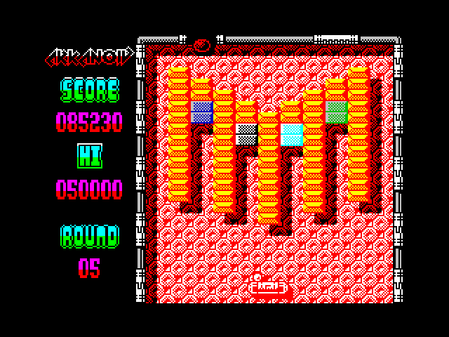 Arkanoid 2: Revenge of DOH ZX Spectrum Screenshot: The gold brick layout makes this round particularly tough!