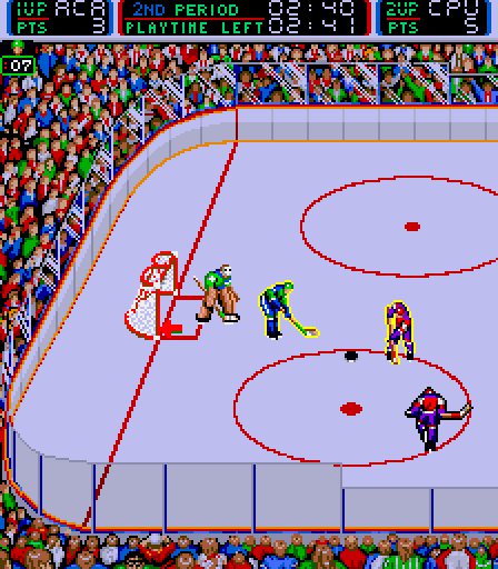Blades of Steel Arcade Screenshot: Chasing the puck...