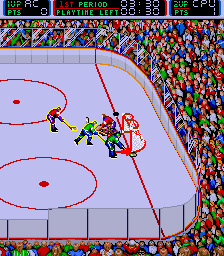 Blades of Steel Arcade Screenshot: The CPU defending it's goal...