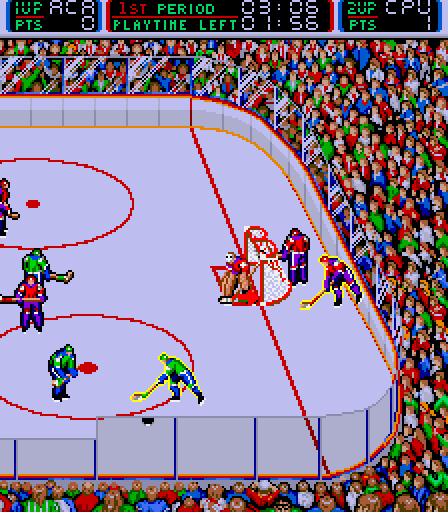Blades of Steel Arcade Screenshot: Can I recover the puck and score?