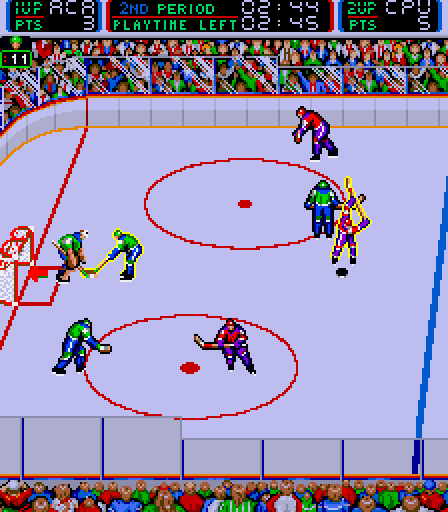 Blades of Steel Arcade Screenshot: Computer player about to take a shot on goal...
