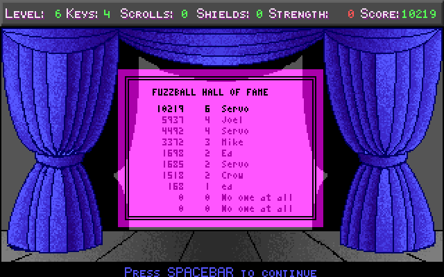 Freakin' Funky Fuzzballs IBM PC/Compatibles Screenshot: The high score table.
