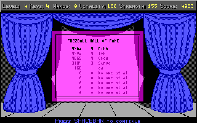 Freakin' Funky Fuzzballs IBM PC/Compatibles Screenshot: The high score screen.