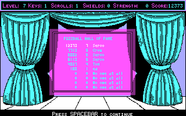 Freakin' Funky Fuzzballs IBM PC/Compatibles Screenshot: The high score screen.