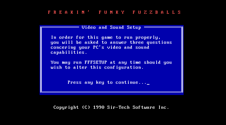 Freakin' Funky Fuzzballs IBM PC/Compatibles Screenshot: Setup introduction.