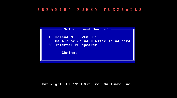 Freakin' Funky Fuzzballs IBM PC/Compatibles Screenshot: Select the sound hardware installed.