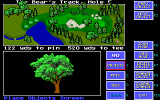 Jack Nicklaus' Unlimited Golf & Course Design IBM PC/Compatibles Screenshot: Placing objects on a hole.