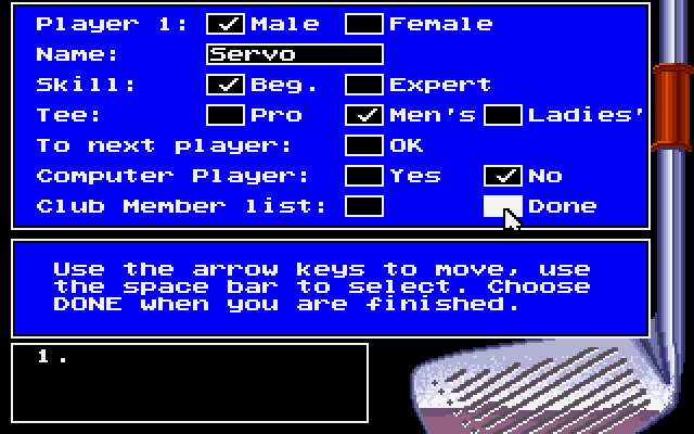 Jack Nicklaus' Unlimited Golf & Course Design IBM PC/Compatibles Screenshot: Setting up one of the players.