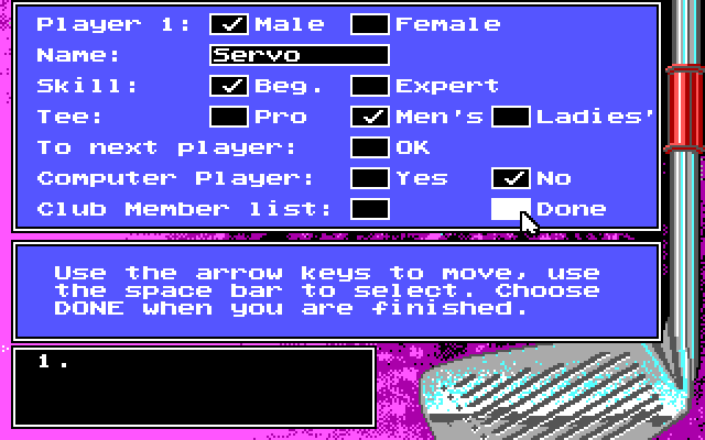 Jack Nicklaus' Unlimited Golf & Course Design IBM PC/Compatibles Screenshot: Setting up a player.