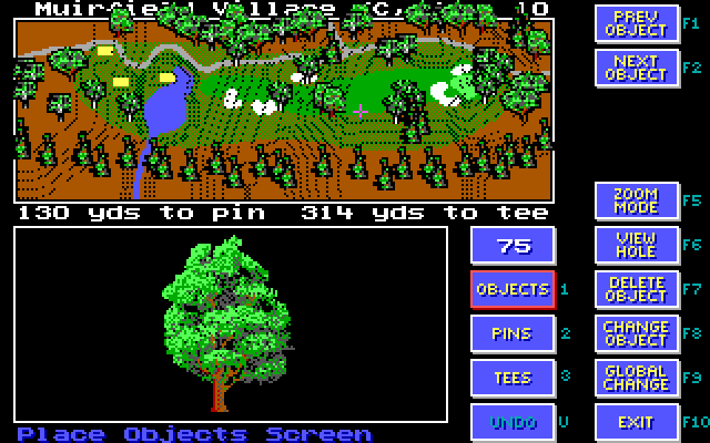 Jack Nicklaus' Unlimited Golf & Course Design IBM PC/Compatibles Screenshot: Placing objects on a hole.