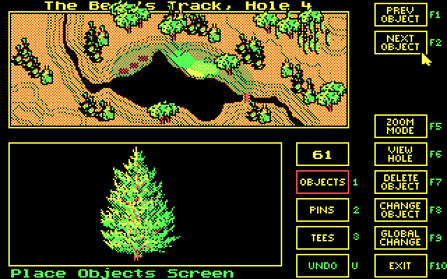 Jack Nicklaus' Unlimited Golf & Course Design IBM PC/Compatibles Screenshot: Placing objects on a hole.