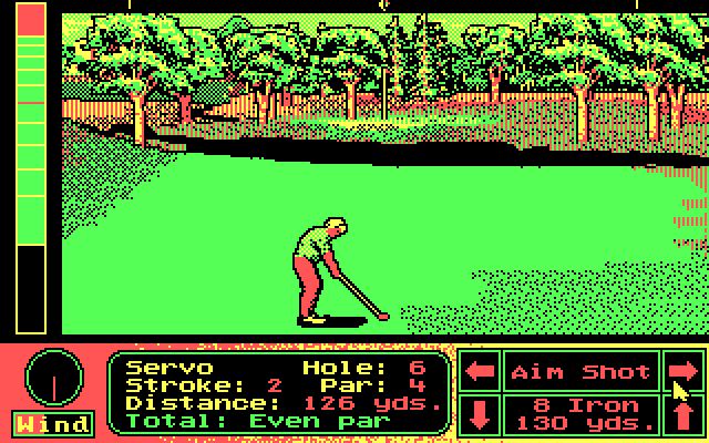 Jack Nicklaus' Unlimited Golf & Course Design IBM PC/Compatibles Screenshot: Avoid the water hazard, displayed as black in the CGA version.