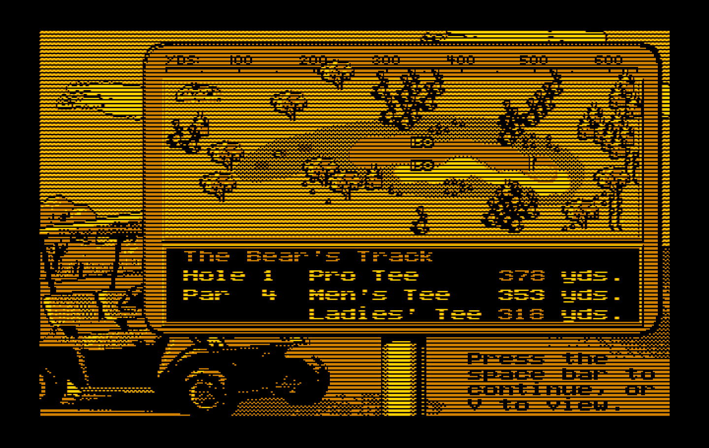 Jack Nicklaus' Unlimited Golf & Course Design IBM PC/Compatibles Screenshot: First hole overhead view.