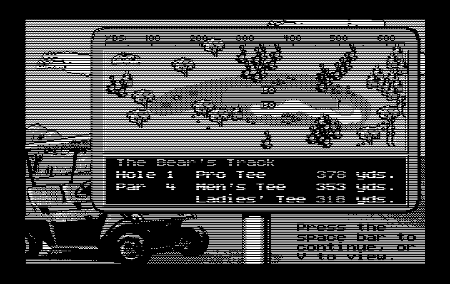 Jack Nicklaus' Unlimited Golf & Course Design IBM PC/Compatibles Screenshot: First hole overhead view.
