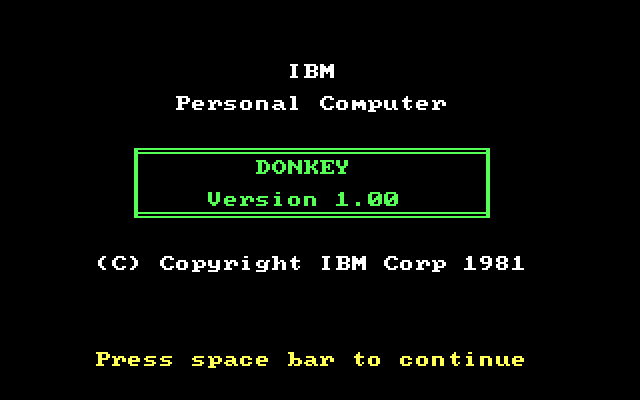 Donkey IBM PC/Compatibles Screenshot: Title screen - Version 1.00