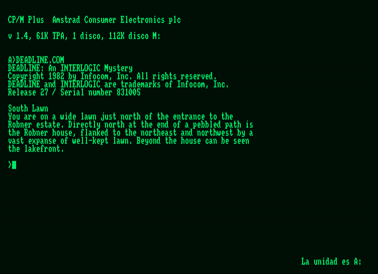 Deadline Amstrad PCW Screenshot: Starting screen.