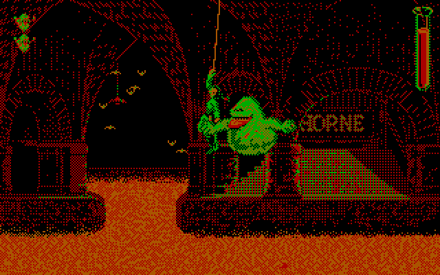 Ghostbusters II IBM PC/Compatibles Screenshot: Ghosts appear and try to knock you off of the rope.
