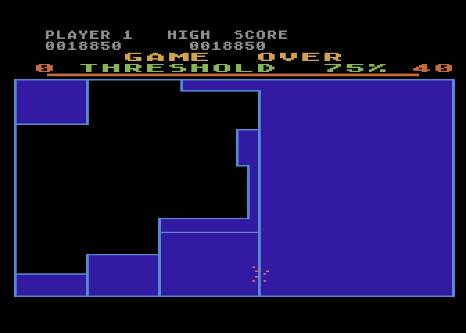 Qix Atari 8-bit Screenshot: Game over.