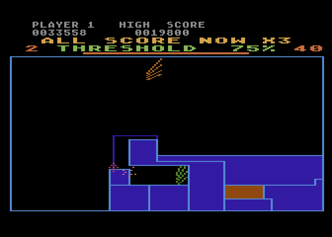 Qix Atari 8-bit Screenshot: All points are now 3 times normal value...