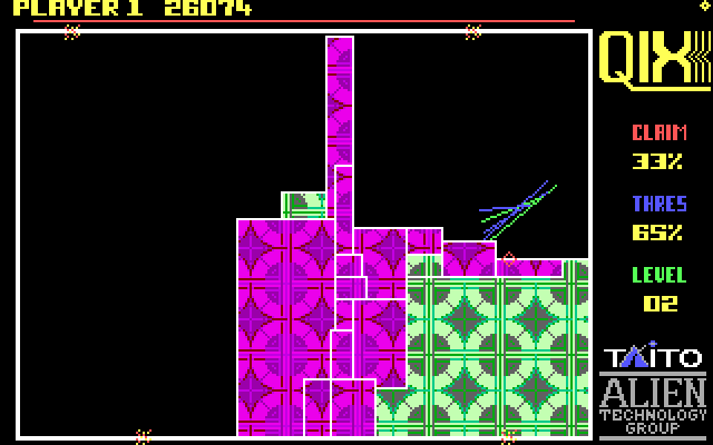 Qix IBM PC/Compatibles Screenshot: Trapping the Qix, then I can fill in a large area with slow draw!