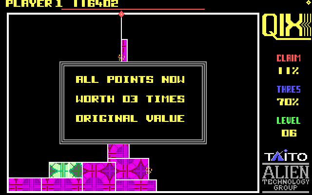 Qix IBM PC/Compatibles Screenshot: All points now worth 3X the original value!