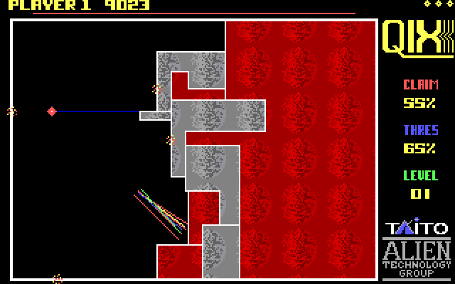 Qix IBM PC/Compatibles Screenshot: Completing this line might be enough to get over the minimum threshold...