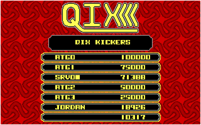 Qix IBM PC/Compatibles Screenshot: The high score table.