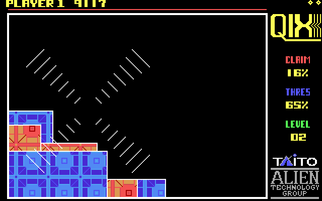Qix IBM PC/Compatibles Screenshot: The players marker has been destroyed.