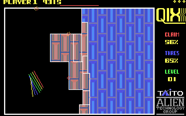 Qix IBM PC/Compatibles Screenshot: Just a little further to go on this level.