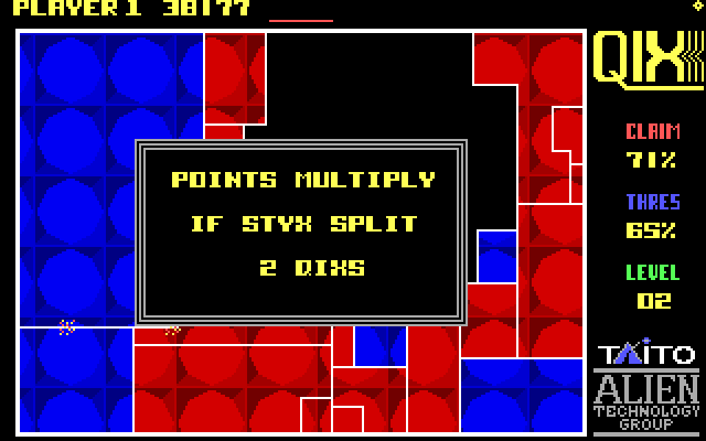 Qix IBM PC/Compatibles Screenshot: Some levels have two Qix; extra points are earned for splitting them with a line.
