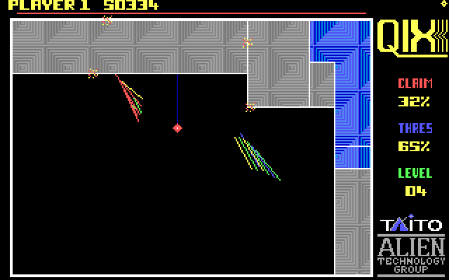 Qix IBM PC/Compatibles Screenshot: Attempting to split two Qix.