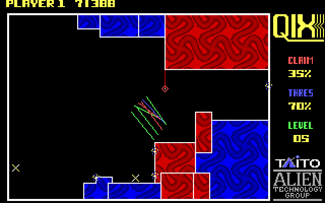 Qix IBM PC/Compatibles Screenshot: There are additional opponents, the Spritz, in the field now.