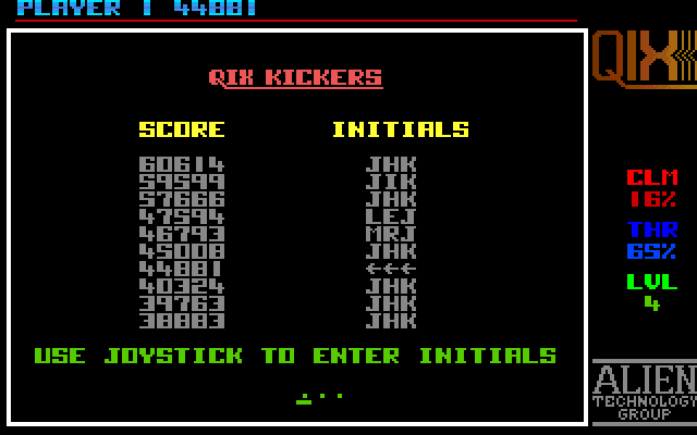 Qix Amiga Screenshot: High score table.