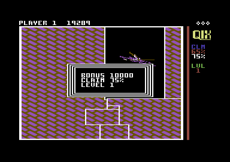 Qix Commodore 64 Screenshot: Level complete!