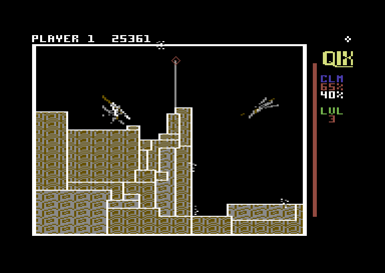 Qix Commodore 64 Screenshot: Drawing a line between two Qix...