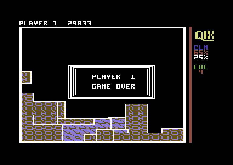 Qix Commodore 64 Screenshot: Game over.