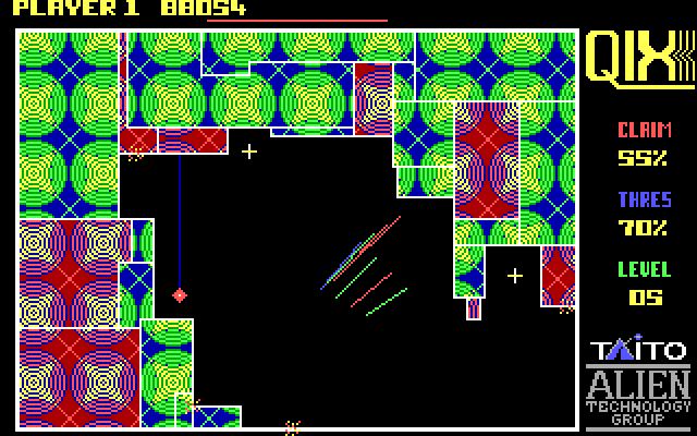 Qix IBM PC/Compatibles Screenshot: Beware of the Spritz on later levels!