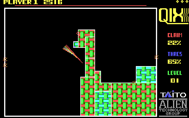 Qix IBM PC/Compatibles Screenshot: Gameplay on the first level.