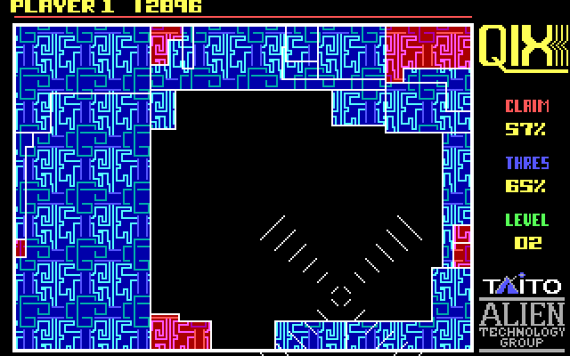 Qix IBM PC/Compatibles Screenshot: The players marker has been destroyed.