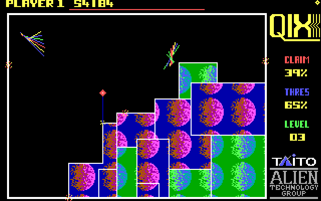 Qix IBM PC/Compatibles Screenshot: Looks like I'm about to successfully split the Qix!