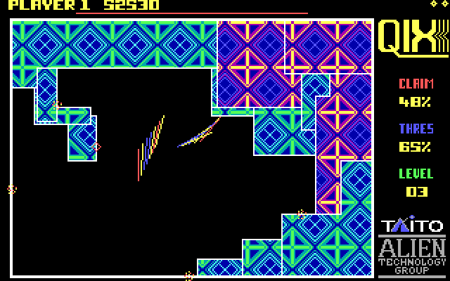 Qix IBM PC/Compatibles Screenshot: You don't have to split the Qix, you can also claim enough of the screen to continue on...