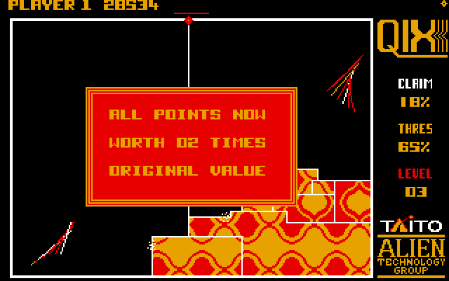 Qix IBM PC/Compatibles Screenshot: Points multiply for successfully splitting two Qix.