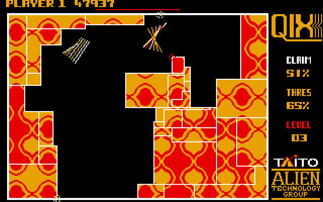 Qix IBM PC/Compatibles Screenshot: Sometimes the Qix don't cooperate making splitting them tough.