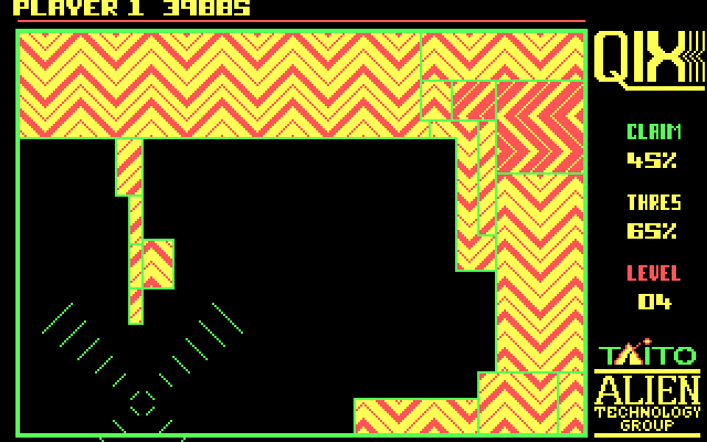 Qix IBM PC/Compatibles Screenshot: The players marker has been destroyed.