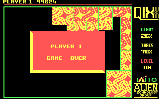 Qix IBM PC/Compatibles Screenshot: Game over.