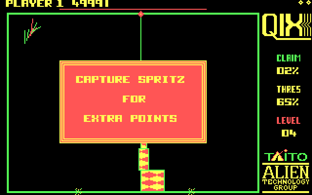 Qix IBM PC/Compatibles Screenshot: Capture the Spritz for bonus points!