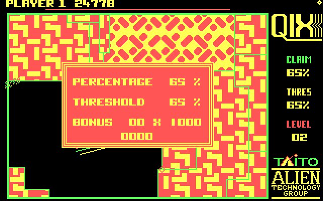 Qix IBM PC/Compatibles Screenshot: Level complete!