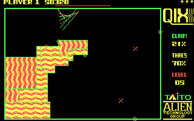 Qix IBM PC/Compatibles Screenshot: Spritz begin to appear on level 5.