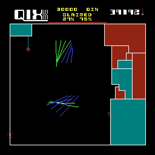 Qix Arcade Screenshot: With two Qix, drawing lines is tougher...
